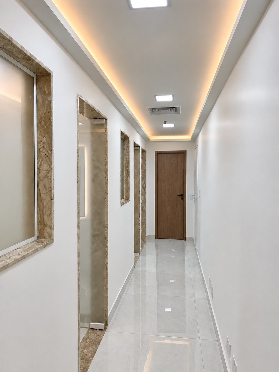 Corredor da clínica com acabamento em mármore
